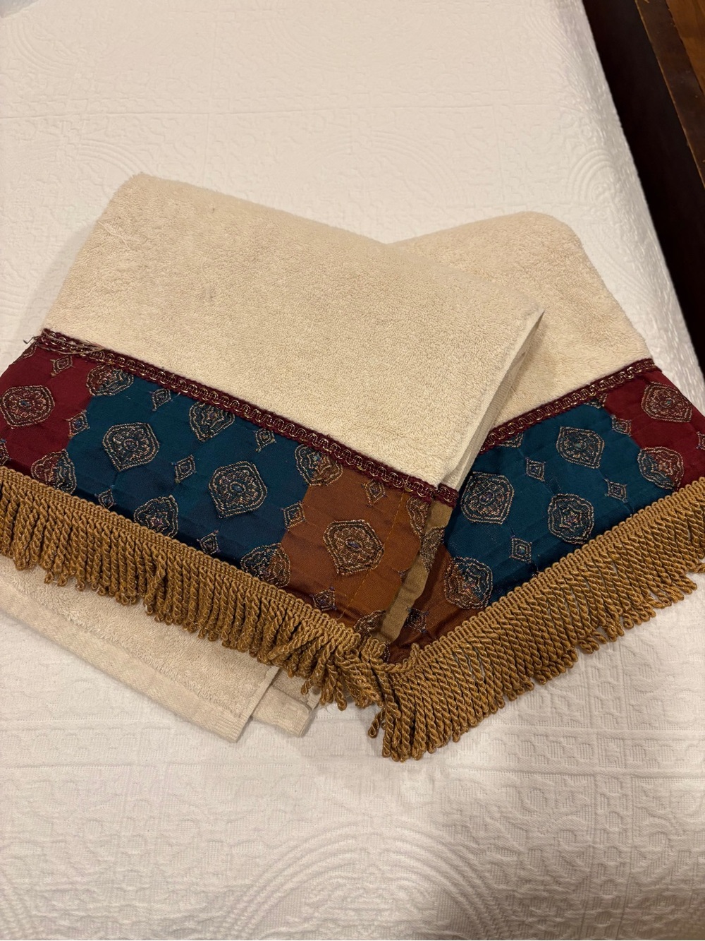 Embroidered Fringe 2 bath Towels - Cream with Teal & Burgundy Accents